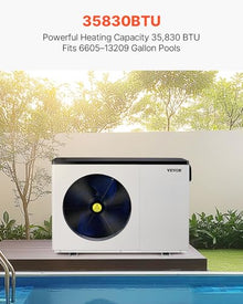 VEVOR Electric Pool Heat Pump, 35,830 BTU, Fits 6,605-13,209 Gallon Above & In-Ground Pools, Low Noise Heating & Cooling, Energy-Saving Water Heater AC208-230V 60Hz