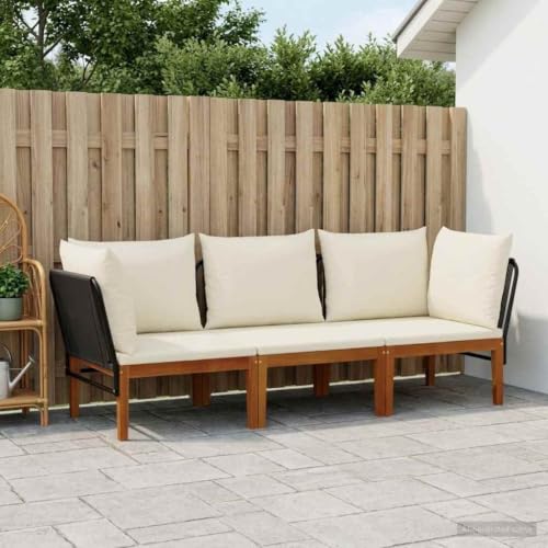 Xolmizyn 3 Piece Outdoor Modular Sofa Set, Acacia Wood Lounge Furniture with Rope Backrest, Garden Patio Seating for Backyard, Cream White Cushions