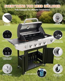 EUHOME 4-Burner Propane Gas BBQ Grill with Side Burner, 46,500 BTU Output Stainless Steel Barbecue Grill with Enameled Cast Iron Grates and Side Tables for Outdoor Cooking Kitchen and Patio Backyard