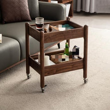 NRFJFOP Solid Wood Edge A Few Wheel Dining Car Sofa Side Table Walnut Layer Storage Coffee