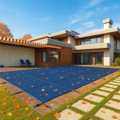 WaterWarden Premium Pool Safety Cover for 16’ x 34’ In-Ground Pool, 20-Year Warranty, Superior Strength and Durability, UL Classified to ASTM F1346, Triple Stitched, Hardware Included, Blue Mesh