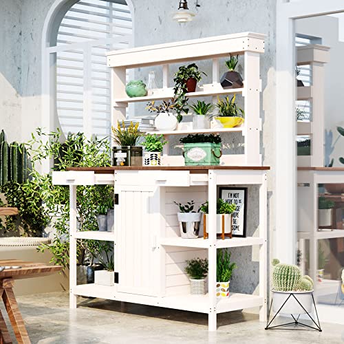Roomfitters 66" Farmhouse Outdoor Potting Bench Table with 2 Drawers, Cabinet and Open Shelves, White