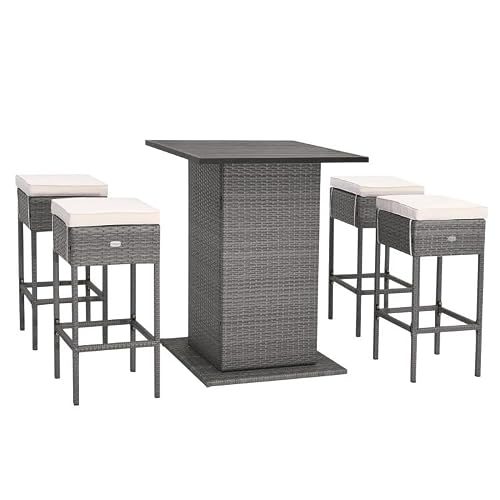 ZAVEROX White 5-Piece Outdoor Wicker Bar Table with Hidden Storage Under Table and Comfortable Cushioned Stools for Patio