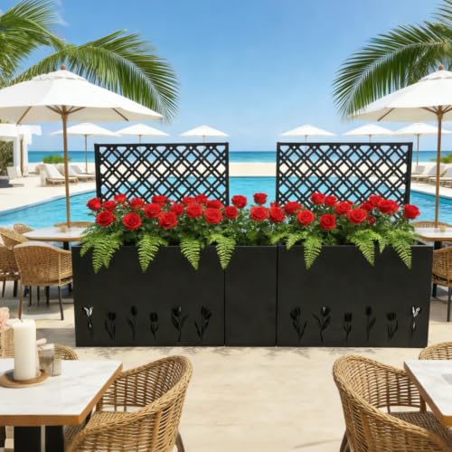 Metal Raised Bed with Trellis and Drainage Holes for Park, Backyard, Poolside, Outdoor Planter Box with Flower Pattern and Removable Insert Shelves for Growing Flowers, Plants (2 Big+ 1 Small)