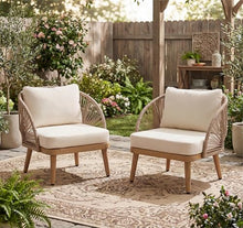 Christopher Knight Home Lydia Set of 2 Boho Patio Furniture Acacia Wood Club Chairs, Outdoor Lounge Chairs, Modern Tub Accent Chairs/Arm Chairs with Rope Woven and Removable Cushions, Natural+Beige