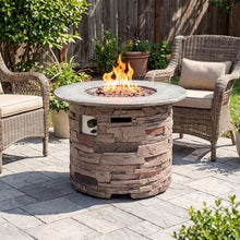 COSIEST Outdoor Propane Concrete Fire Pit Table w Imitation Stone Surface 32-inch Round Fire Table, Certified, 40,000 BTU Stainless Steel Burner, Free Lava Rocks, Fits 20lb Tank Inside