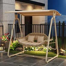 Outdoor Porch Swing with Canopy, PE Rattan Swing Chair with High-Resilience Seat and Back Cushions, Triangular Support Structure, for Backyard, Lawn, Porch, Garden