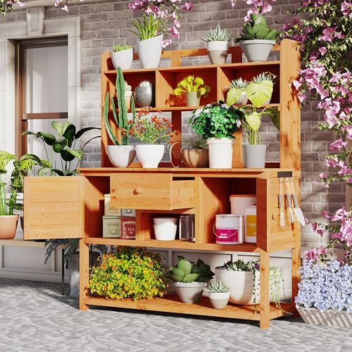 Potting Bench Outdoor Garden Work Bench Station Planting Solid Wood Construction, Outdoor Planting Table with Adjustable Shelves for Backyard Use, 66.1 Inch Tall (Natural)