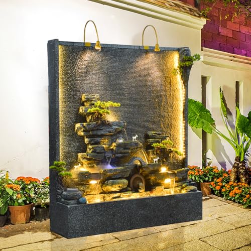 77-Inch Cement and Concrete Water Fountain with LED Lights Indoor,Outdoor Decoration,Garden,Balcony, Housewarming Gift,Door to Door(B)