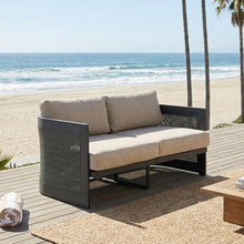Christopher Knight Home Arden Patio Loveseat, Outdoor Aluminum Couch, 2 Seater Sofa with Mesh Panels and Cushioned Seat, Modern Outdoor Loveseat for Garden/Poolside, Aluminum Armchair, Beige+Black