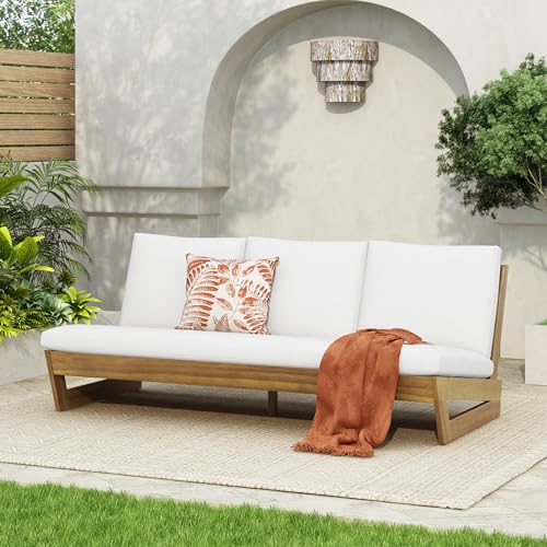 Christopher Knight Home Wicos Modern Acacia Wood Outdoor Sofa with Cushion, Wood Patio Sofa Chair Armless Design, Garden Backyard Outdoor Lounge Sofa Couch with Water-Resistant Cushion, Teak+White