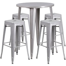 BizChair Commercial 30" Round Silver Metal Bar Table Set-4 Square Seat Backless Stools