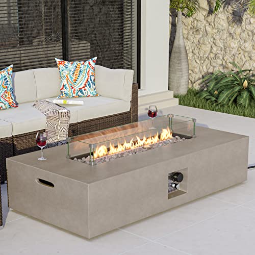 COSIEST Outdoor Propane Fire Pit Table, 56-inch x 28-inch Rectangle Gray Concrete-Like Finish, Certified, 50,000 BTU Stainless Steel Burner w Transparent Gray Fire Glass, Wind Guard, Raincover