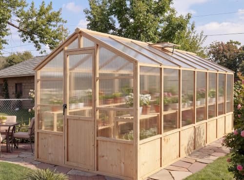 Heavy Duty Walk-in Wooden Greenhouse Kit, 4mm Polycarbonate Panels Green House with Adjustable Vents and Lockable Door, Wood Frame Plant House for Outdoor Garden Backyard Patio Lawn (8X14FT)