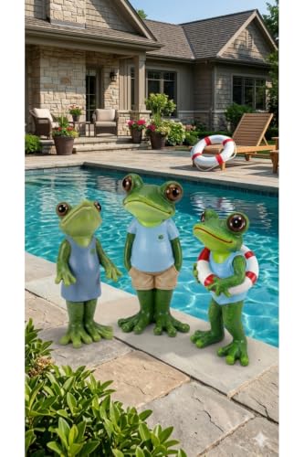 SODEF Outdoor Frog Statues Set 3 Pieces Hand-Painted Garden Decor Sculptures 19.7 x 9.8 inches Weather-Resistant Polyester for Patio Villa Lawn - Blue