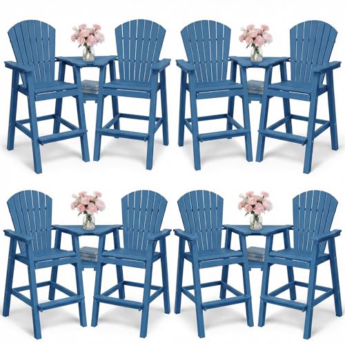 PASAMIC Tall Adirondack Chairs Set of 8, All-Weather HDPE Patio Chairs with Double Connecting Trays, Bar Height Heavy-Duty Outdoor Chairs for Garden, Backyard, Balcony, Blue