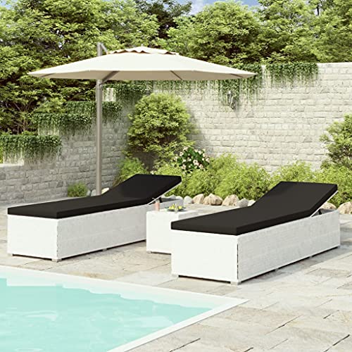 3 Piece Patio Sun Loungers with Tea Table,Outdoor Lounge Chaise, Lounger for Pool, Beach Sun Tanning Chair,Outdoor Bed,Deck Chair, Poly Rattan Brown (White 76.8" x 23.6" x 12.2" (L x W x H))