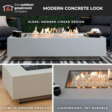 Outdoor GreatRoom Co. Harbor View Gas Fire Pit Table Rectangular Concrete Fire Pits for Outside Patio - 65,000 BTU Propane Fireplace Heater, Glass Coffee Table Cover, Clear Fire Rocks