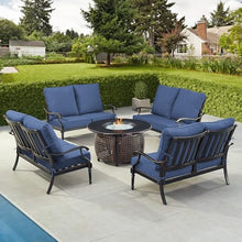 Oakland Living Black Aluminum Patio Fire Table Set with Four Deep Seating Loveseat with Cushions with Blue Cushions
