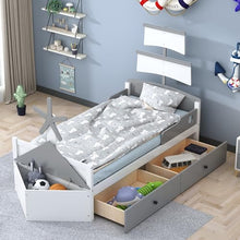 Bellemave Twin Size Kids Bed with Storage Drawers Boat-Shaped Grey