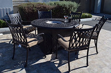 Patio Land Grand Tuscany 7-Piece Round Gas Fire Dining Set Dark Bronze with Sunbrella Sesame Cushions