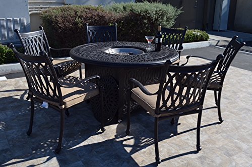 Patio Land Grand Tuscany 7 pcs Round Fire Gas Dining Set Dark Bronze with Sunbrella Sesame Cushions