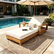 Merax Acacia Wood Chaise Lounge with 1 Double-Fold Cushion Chaise, Cream