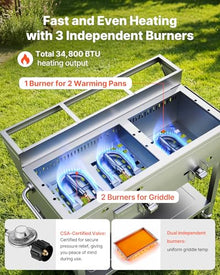 VEVOR Outdoor Propane Griddle, 3 Burners (11,600 BTU Each), Commercial Stainless Steel Griddle with Two 1/3 Size Food Warming Pans, Portable Cart with 4 Lockable Wheels, for Hot Dogs, Burgers & Meats