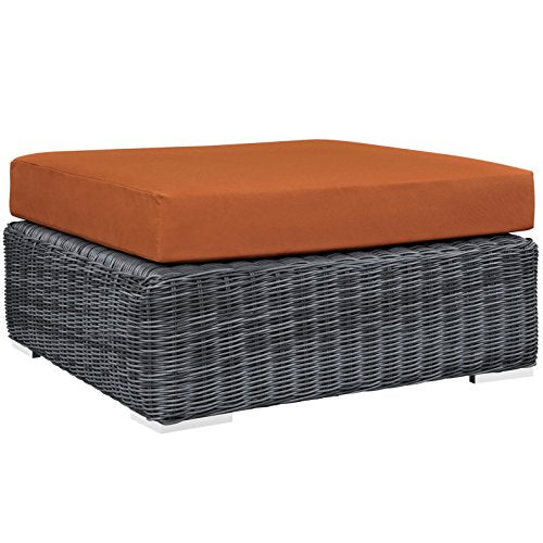 Modern Contemporary Urban Design Outdoor Patio Balcony Square Ottoman, Orange, Rattan