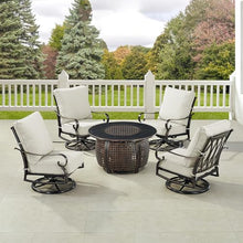 Oakland Living Black Aluminum Patio Fire Table Set with Four Club Chairs, Cushions, Ice Bucket and Wind Blocker