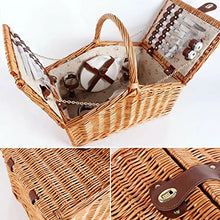 Willow Picnic Basket Set for 4 Persons, Vintage-Style Split Lid Wicker Picnic Hamper with Liner for Camping,Outdoor,Valentine Day,Thanks Giving,Birthday