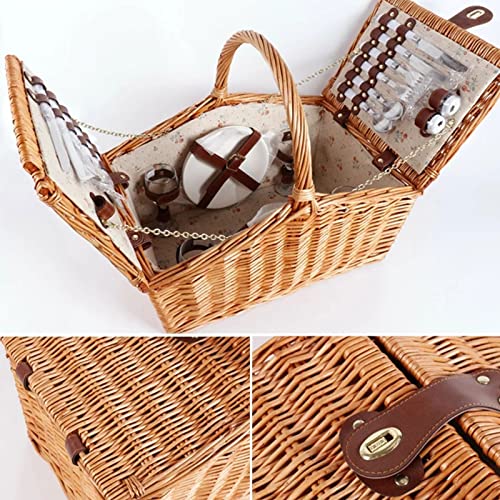 Willow Picnic Basket Set for 4 Persons, Vintage-Style Split Lid Wicker Picnic Hamper with Liner for Camping,Outdoor,Valentine Day,Thanks Giving,Birthday