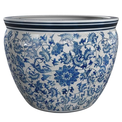 Red Lantern Large 18" Porcelain Fishbowl Blue & White Floral Planter or Cachepot for Indoor/Outdoor Use in Garden Entryway Living Room Boho Eclectic Modern Contemporary Classic Traditional Style Decor