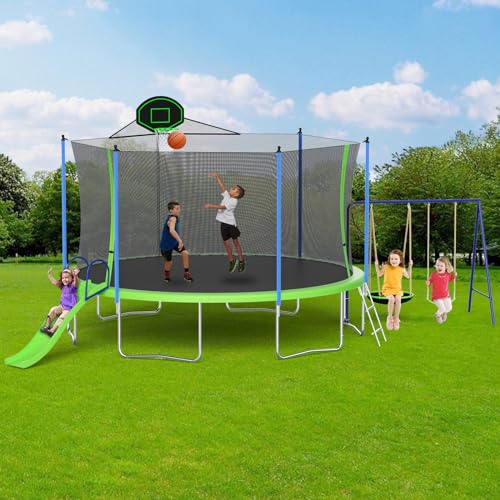 Skepphlay 12FT Outdoor Trampoline Set with Basketball Hoop Green