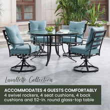 Hanover Lavallette 5-Piece Outdoor Dining Set with Swivel Rocker Chairs and Glass-Top Table Blue