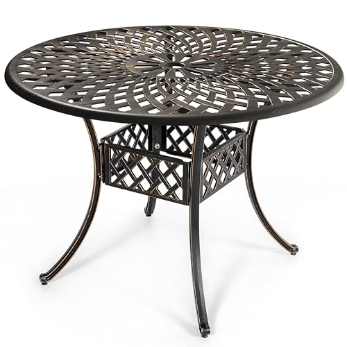 NUU GARDEN Outdoor 42'' Round Dining Table with 2.24'' Umbrella Hole, Cast Aluminum Tabletop, for Patio, Garden, Backyard and Balcony, Antique Bronze