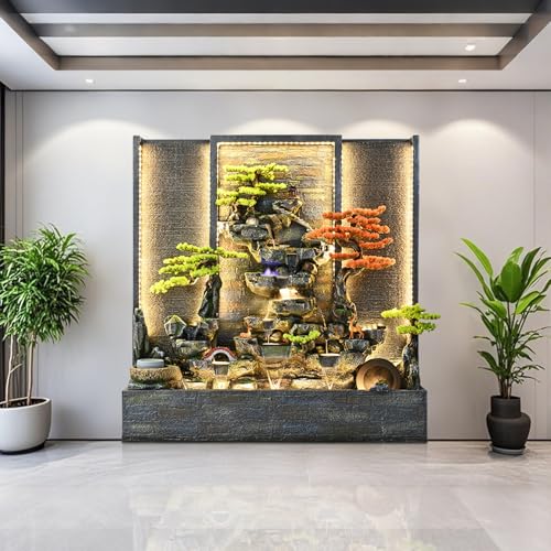 5.91ft Indoor Zen Decor Water Feature Indoor/Outdoor Large Water Fountain Wall, Lightweight Resin Fountain with LED Lights, Mist, Bonsai Trees & Waterwheel