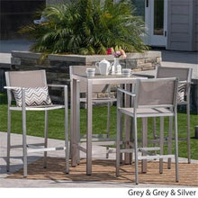 Noble House Cape Coral Outdoor 5 Piece Glass Top Aluminum Bar Set Grey
