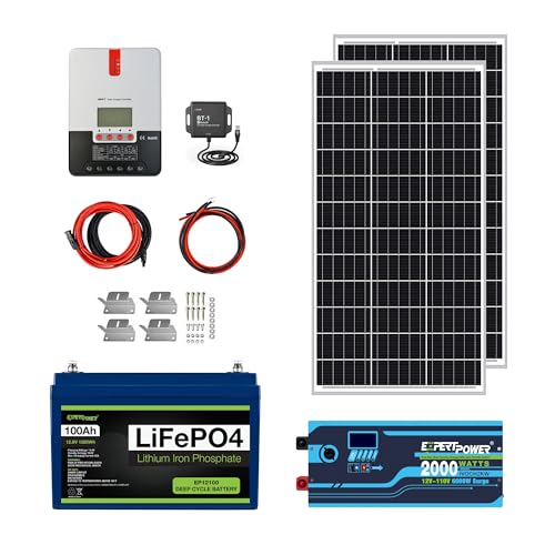 ExpertPower 1.3KWH 12V Solar Power Kit | LiFePO4 12V 100Ah, 200W Mono Solar Panels, 20A MPPT Solar Charge Controller, 2KW Pure Sine Wave Inverter Charger | RV, Trailer, Camper, Marine, Off Grid