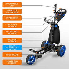 SereneLife 3-Wheel Electric Golf Push Cart - Rechargeable Lightweight Folding Walking Push Cart Roller Golf Bag Holder with Foot Brake, Upper/Lower Bracket with Elastic Strap, Umbrella Holder Assorted