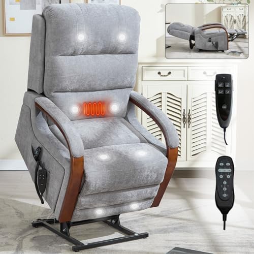 WEALTHOUSE Power Lift Recliner Chair with Massage Heat, Dual Motor Stand Assist Seating, Adjustable 45-180 Degree Backrest Footrest, Remote Control, Wood Armrests, Side Pockets (Gray,Chenille)