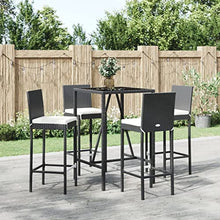 KGFHERENB 5-Piece Outdoor Bar Set, Black PE Rattan Patio Furniture Set with 1 Rectangular Tempered Glass Table and 4 Cushioned Stools for Backyard, Garden, and Balcony