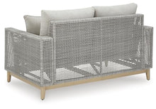 Signature Design by Ashley Seton Creek Cottage Weather Resistant Outdoor Loveseat with Cushion and 2 Throw Pillows Light Brown & Light Gray