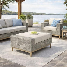 Benzara Yami Outdoor Ottoman, 35 Inch, Gray Woven Resin Wicker, Cushioned Seat