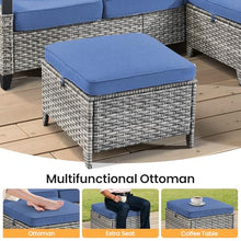 Seeheool Outdoor PE Wicker Ottomans Set of 2, Patio Gray Rattan Footrests with Blue Cushions for Backyard or Deck