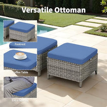 Seeheool Outdoor PE Wicker Ottomans Set of 2, Patio Gray Rattan Footrests with Blue Cushions for Backyard or Deck