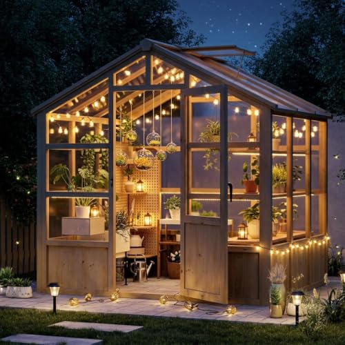 CABIHOME 8x10ft Wooden Walk-in Greenhouse with Polycarbonate Panels