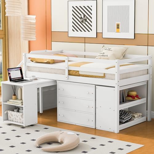 RORIGAT Twin Size Loft Bed with Desk, Storage Stairs & Shelves, White