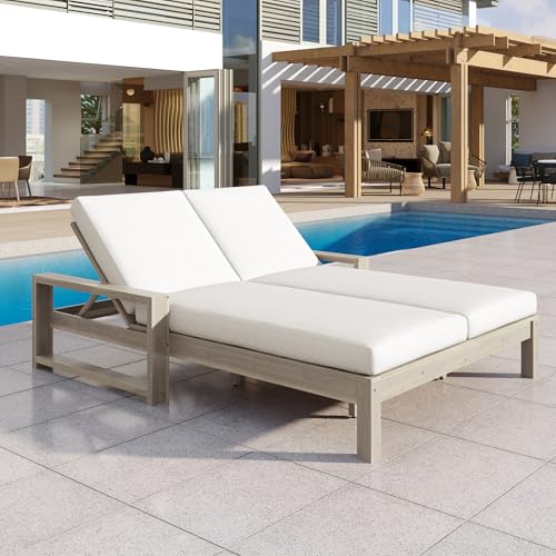 Merax Outdoor Double Lounge Chair with 5-Position Adjustable Backrest for Each Seat, Wood Patio Chaise Lounge with Armrests & Removable Cushions for Patio Poolside Garden, All-Weather, Grey