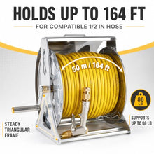 304 Stainless Steel Garden Hose Reel, Wall Mounted or Freestanding, Manual Crank, Holds up to 164 ft of 1/2 Inch Hose, Brass Fittings and Metal Nozzle 40m